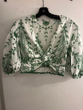 Zara White Cropped Blouse with Green Embroidery
